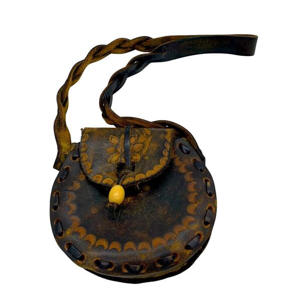 Genuine Tooled Leather Fold Flap Shoulder Bag Purse With Braided Strap - Small - Picture 1 of 9